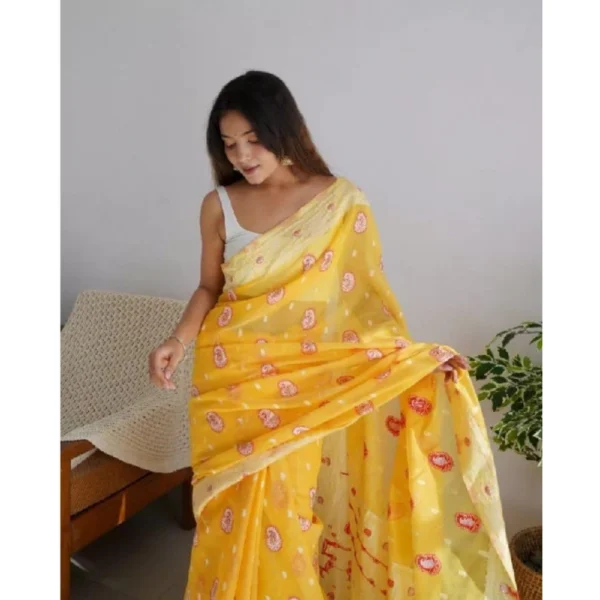 Women's Cotton  Printed Saree With Unstitched Blouse 5.5Mtr (Yellow) - Image 3