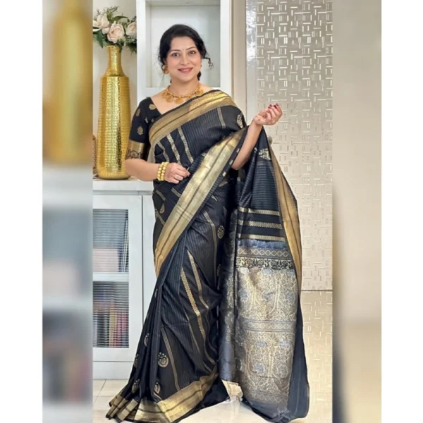 Women's Silk Printed Saree With Unstitched Blouse 5.5Mtr (Black) - Image 2