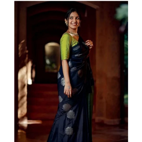 Women's Silk Printed Saree With Unstitched Blouse 5.5Mtr (Navy Blue) - Image 2