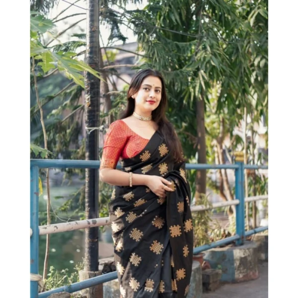 Women's Silk Printed Saree With Unstitched Blouse 5.5Mtr (Blacl-Orange) - Image 2
