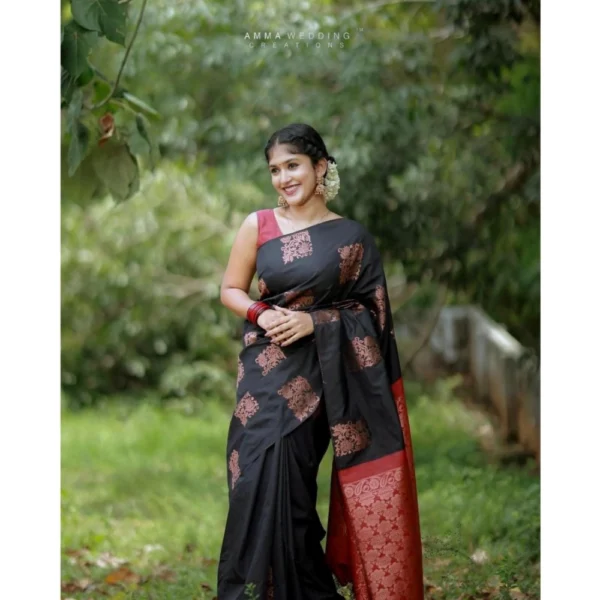 Women's Silk Printed Saree With Unstitched Blouse 5.5Mtr (Black-Red) - Image 2
