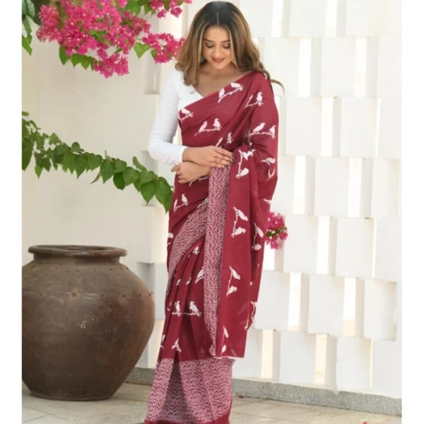 Women's Silk Printed Saree With Unstitched Blouse 5.5Mtr (Maroon) - Image 2
