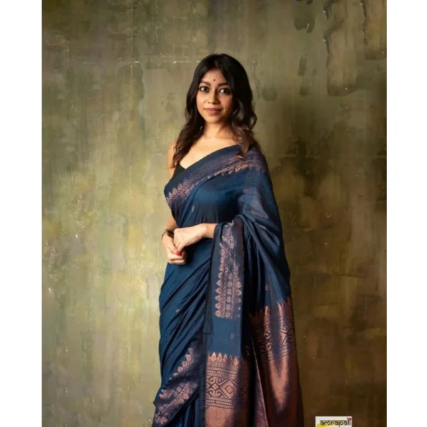 Women's Silk Printed Saree With Unstitched Blouse 5.5Mtr (Navy Blue) - Image 3