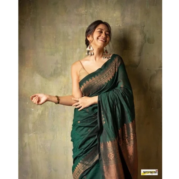Women's Silk Printed Saree With Unstitched Blouse 5.5Mtr (Green) - Image 3