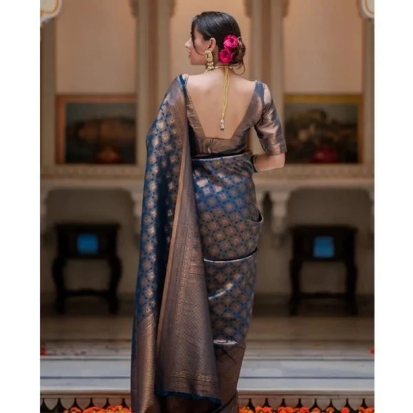 Women's Silk Printed Saree With Unstitched Blouse 5.5Mtr (Blue) - Image 2
