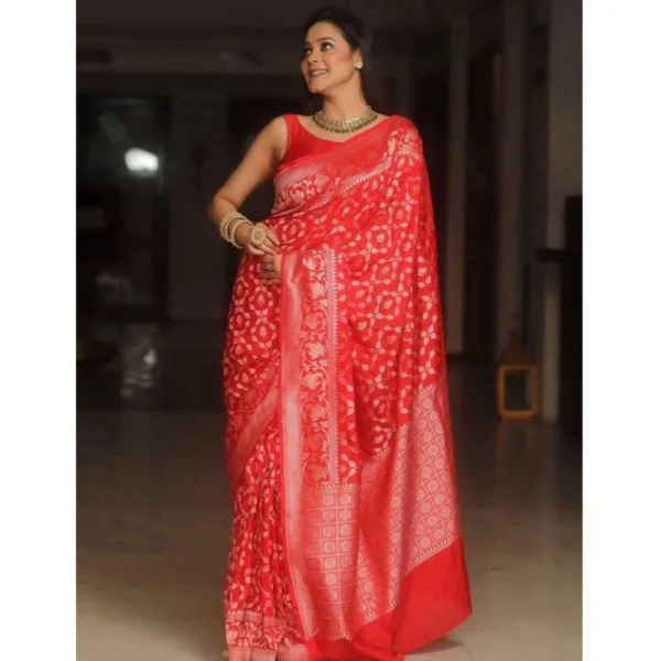 Women's Silk Printed Saree With Unstitched Blouse 5.5Mtr (Orange) - Image 3