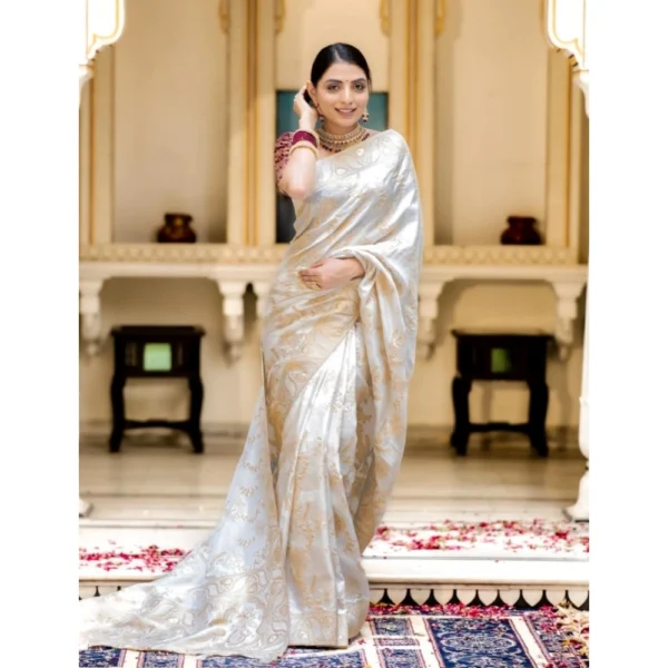 Women's Silk Printed Saree With Unstitched Blouse 5.5Mtr (White) - Image 3