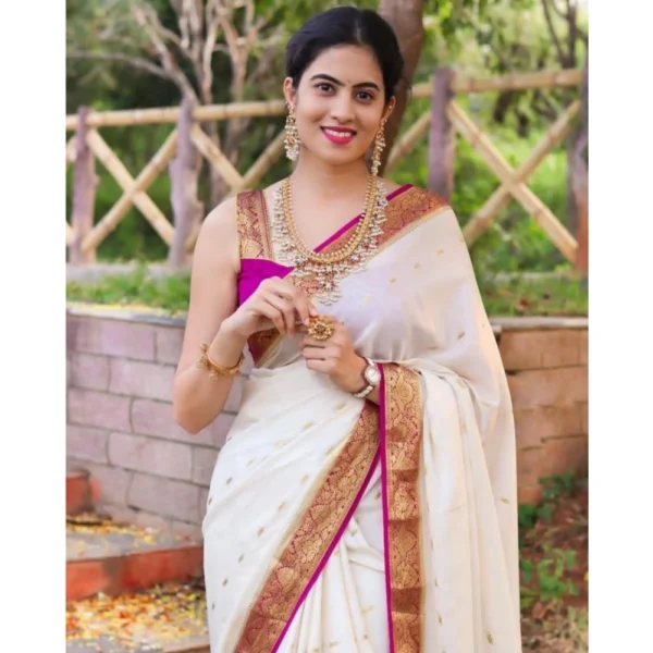 Women's Silk Printed Saree With Unstitched Blouse 5.5Mtr (White) - Image 3