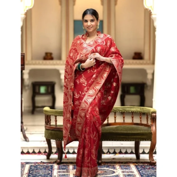 Women's Silk Printed Saree With Unstitched Blouse 5.5Mtr (Red) - Image 2