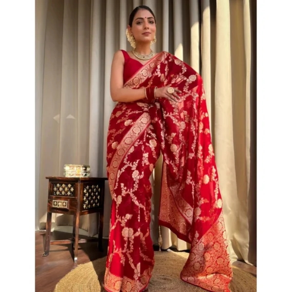 Women's Silk Printed Saree With Unstitched Blouse 5.5Mtr (Red) - Image 2