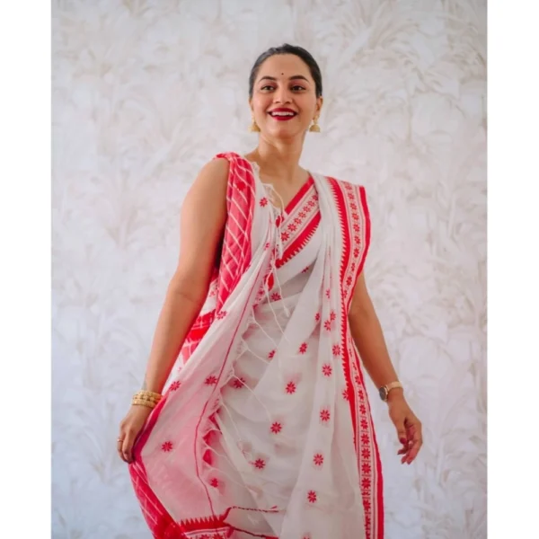 Women's Cotton  Printed Saree With Unstitched Blouse 5.5Mtr (White-Pink) - Image 3