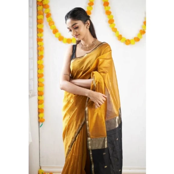 Women's Cotton  Printed Saree With Unstitched Blouse 5.5Mtr (Yellow) - Image 2