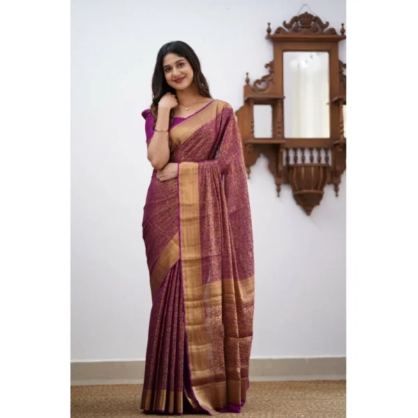 Women's Silk Printed Saree With Unstitched Blouse 5.5Mtr (Wine) - Image 2