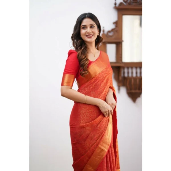 Women's Silk Printed Saree With Unstitched Blouse 5.5Mtr (Orange) - Image 2