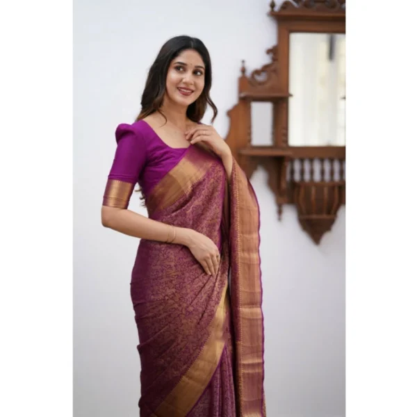 Women's Silk Printed Saree With Unstitched Blouse 5.5Mtr (Wine) - Image 3