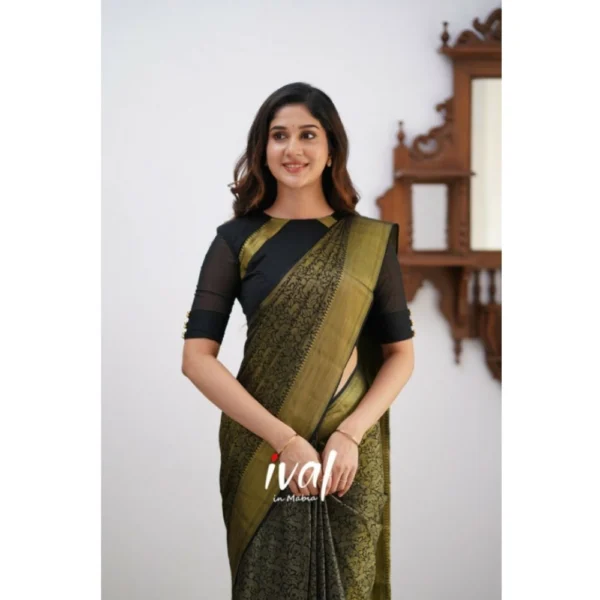 Women's Silk Printed Saree With Unstitched Blouse 5.5Mtr (Black) - Image 3