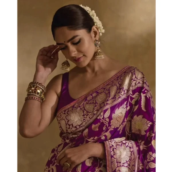 Women's Silk Printed Saree With Unstitched Blouse 5.5Mtr (Purple) - Image 2