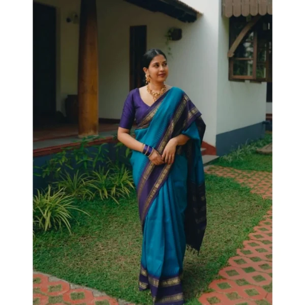 Women's Silk Printed Saree With Unstitched Blouse 5.5Mtr (Blue) - Image 2