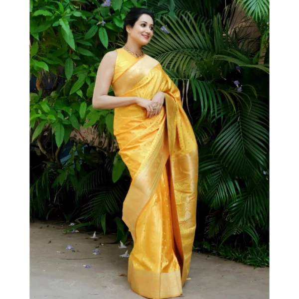 Women's Silk Printed Saree With Unstitched Blouse 5.5Mtr (Yellow) - Image 2