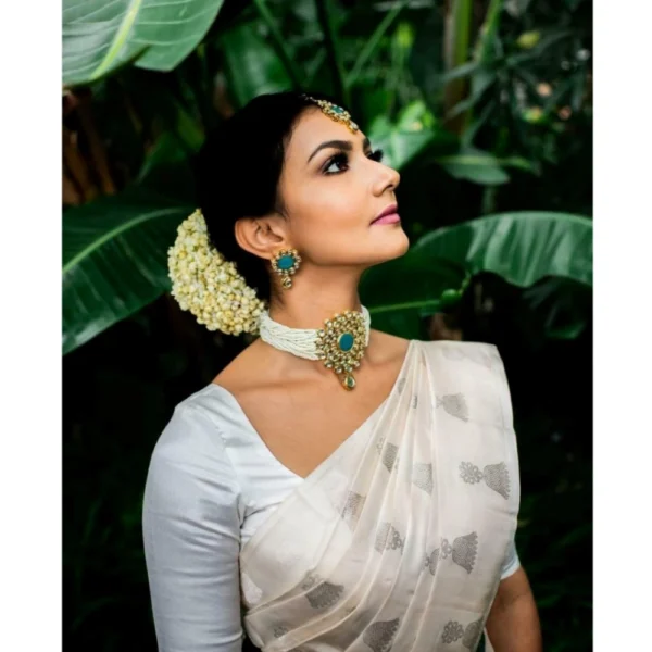 Women's Silk Printed Saree With Unstitched Blouse 5.5Mtr (White) - Image 2