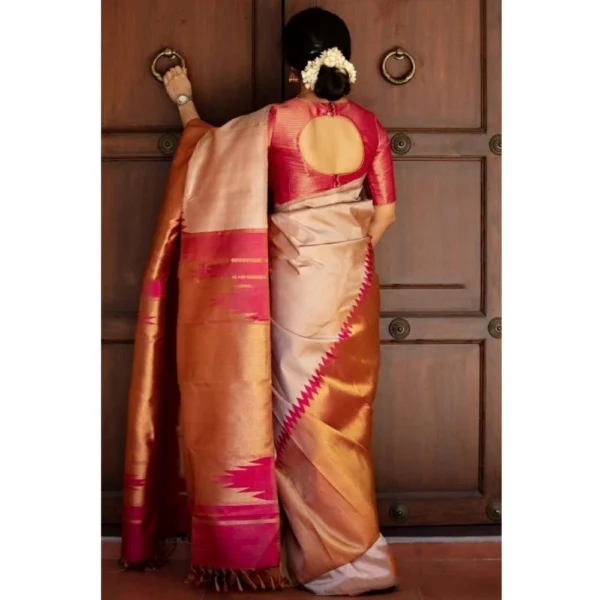 Women's Silk Printed Saree With Unstitched Blouse 5.5Mtr (Cream) - Image 3