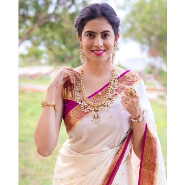 Women's Silk Printed Saree With Unstitched Blouse 5.5Mtr (White) - Image 2