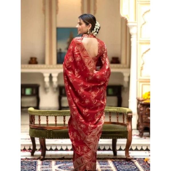 Women's Silk Printed Saree With Unstitched Blouse 5.5Mtr (Red) - Image 3