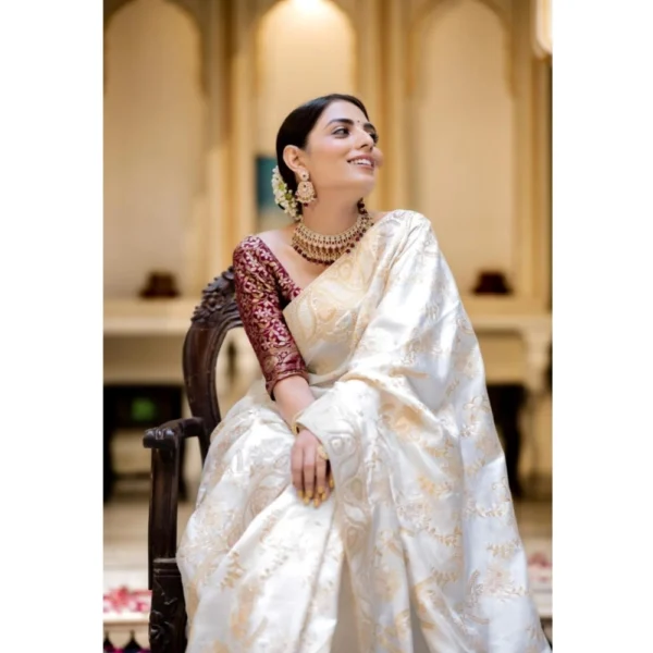 Women's Silk Printed Saree With Unstitched Blouse 5.5Mtr (White) - Image 2