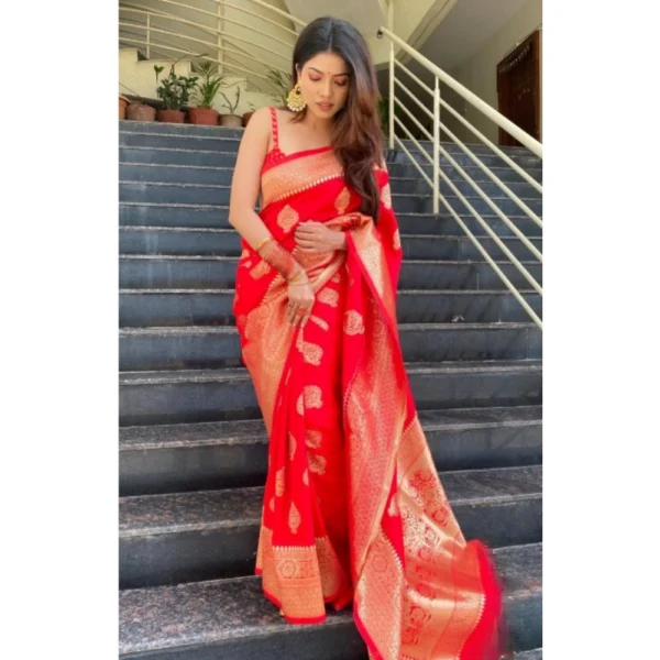 Women's Silk Printed Saree With Unstitched Blouse 5.5Mtr (Red) - Image 3