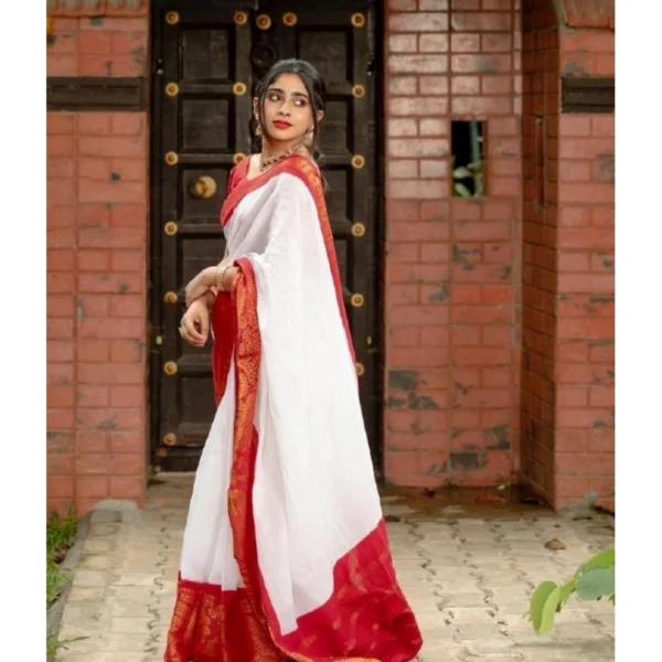 Women's Silk Printed Saree With Unstitched Blouse 5.5Mtr (White) - Image 2