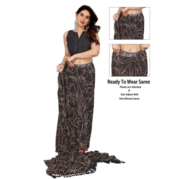 Women's Zalar Lace Georgette Printed Ready-to-Wear Saree With Unstitched Blouse 5.5 Mtr (Brown) - Image 2