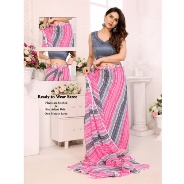 Generic Women's Small Lace Georgette Striped Ready-to-Wear Saree With Unstitched Blouse 5.5 Mtr (Grey) - Image 2