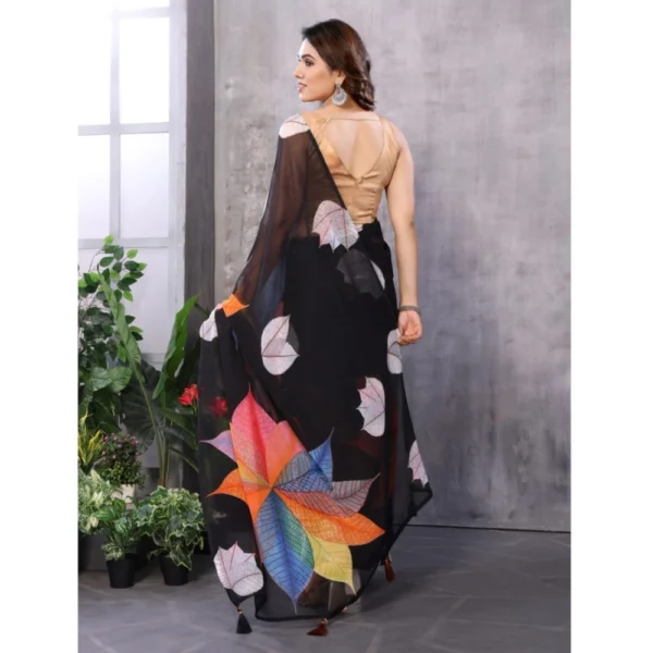 Women's Small Lace Georgette Printed Ready-to-Wear Saree With Unstitched Blouse 5.5 Mtr (Black) - Image 3
