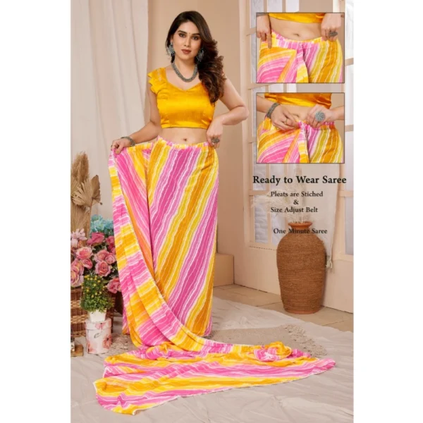 Women's Small Lace Georgette Striped Ready-to-Wear Saree With Unstitched Blouse 5.5 Mtr (Yellow-Pink) - Image 2