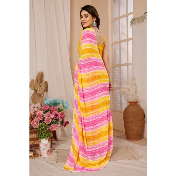 Women's Small Lace Georgette Striped Ready-to-Wear Saree With Unstitched Blouse 5.5 Mtr (Yellow-Pink) - Image 3