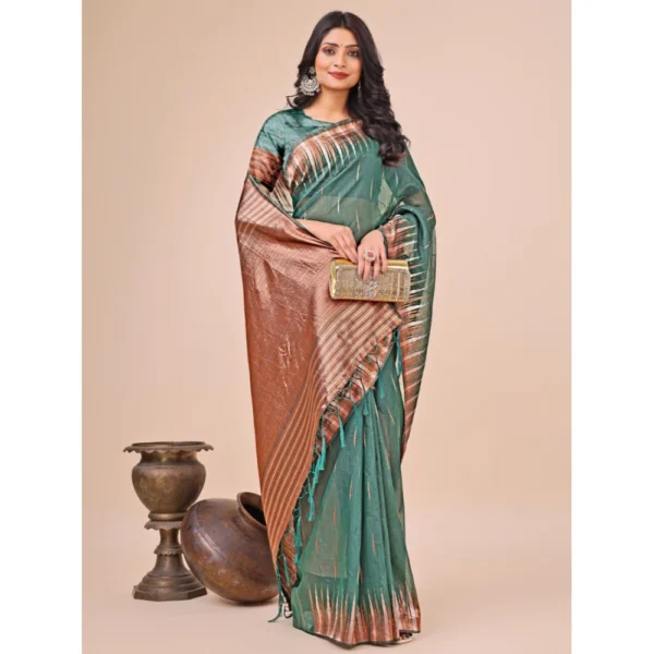 Women's Linen Cotton Wevon Jacquard Saree With Unstitched Women>Ethnic Wear>Blouse 5.5Mtr (Green) - Image 2