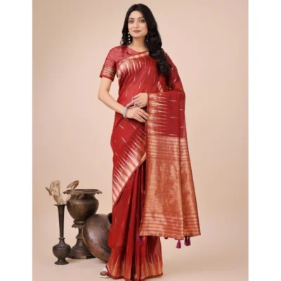 Women's Linen Cotton Wevon Jacquard Saree With Unstitched Women>Ethnic Wear>Blouse 5.5Mtr (Red)