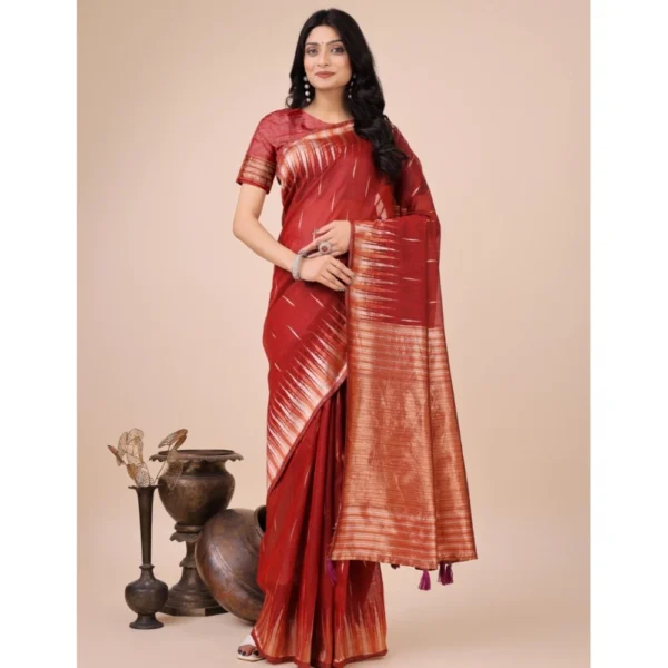 Women's Linen Cotton Wevon Jacquard Saree With Unstitched Women>Ethnic Wear>Blouse 5.5Mtr (Red)