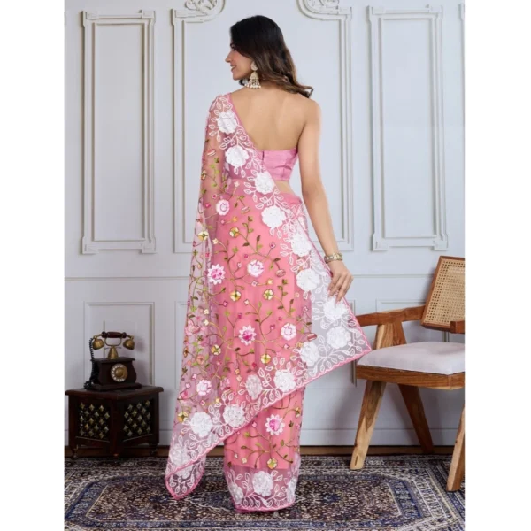 Women's Soft Net Thread Embroidery Saree With Unstitched Blouse 5.5Mtr (Light Pink) - Image 2