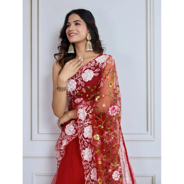 Women's Soft Net Thread Embroidery Saree With Unstitched Blouse 5.5Mtr (Maroon) - Image 2