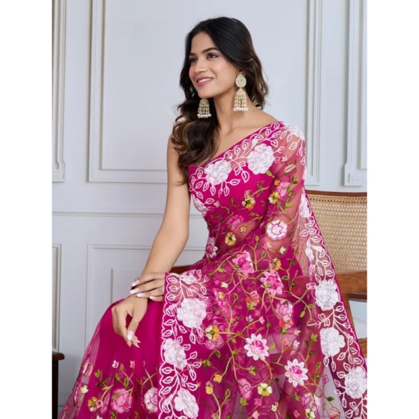 Women's Soft Net Thread Embroidery Saree With Unstitched Blouse 5.5Mtr (Dark Pink) - Image 3