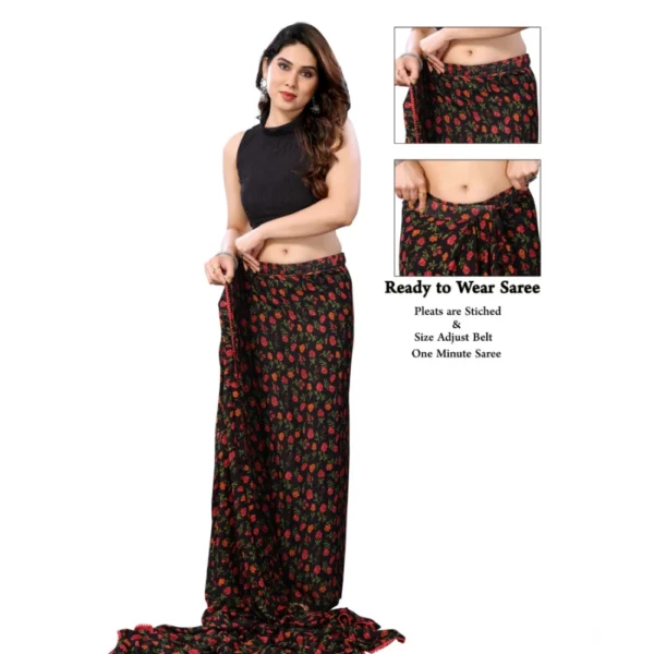 Women's Small Lace Georgette Printed Ready-to-Wear Saree With Unstitched Blouse 5.5 Mtr (Black) - Image 2