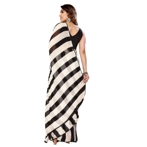 Women's Small Lace Georgette Striped Ready-to-Wear Saree With Unstitched Blouse 5.5 Mtr (Black-White) - Image 3
