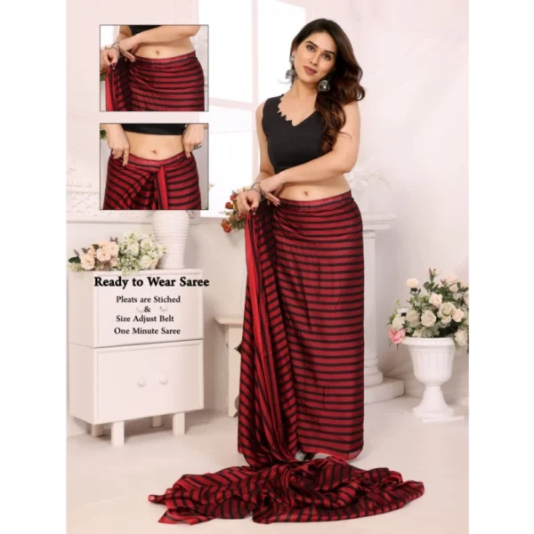 Women's  Black Berry Striped Ready-to-Wear Saree With Unstitched Blouse 5.5 Mtr (Red-Black) - Image 2