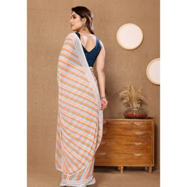 Women's Small Lace Georgette Striped Ready-to-Wear Saree With Unstitched Blouse 5.5 Mtr (Orange) - Image 3