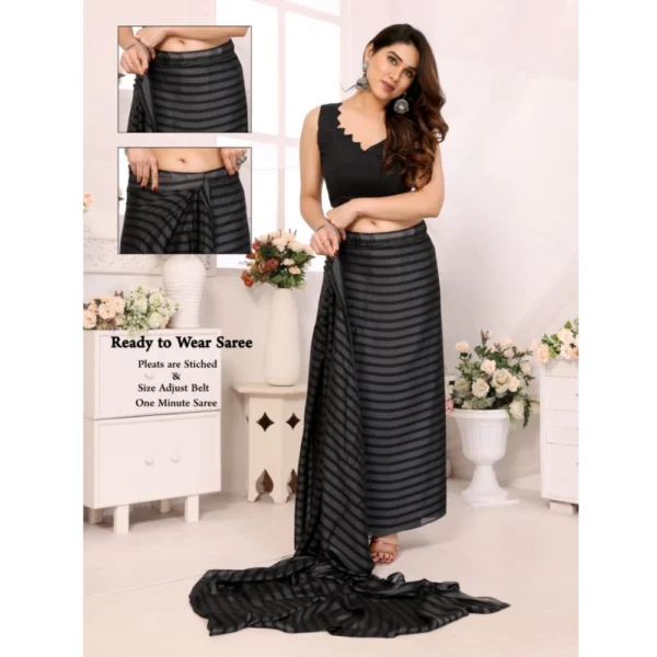 Women's  Black Berry Striped Ready-to-Wear Saree With Unstitched Blouse 5.5 Mtr (Grey-Black) - Image 2