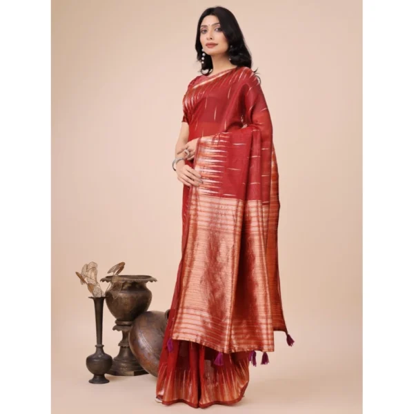 Women's Linen Cotton Wevon Jacquard Saree With Unstitched Women>Ethnic Wear>Blouse 5.5Mtr (Red) - Image 2