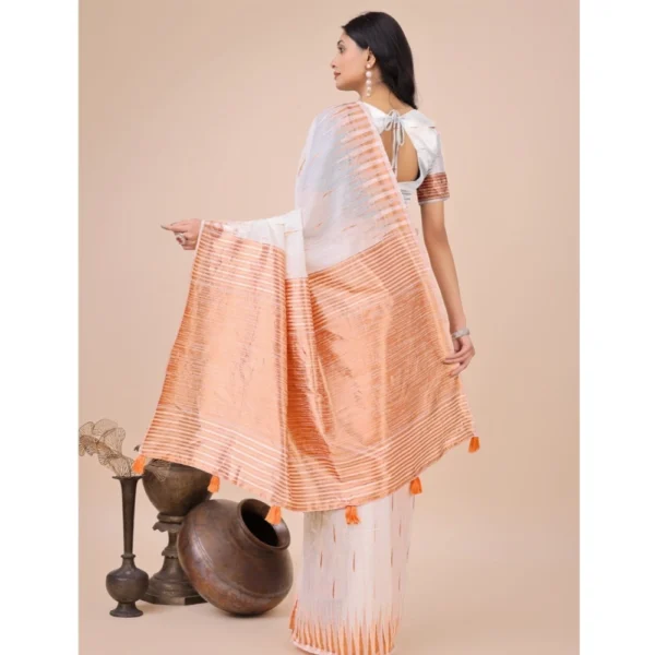 Women's Linen Cotton Wevon Jacquard Saree With Unstitched Blouse 5.5Mtr (White) - Image 3