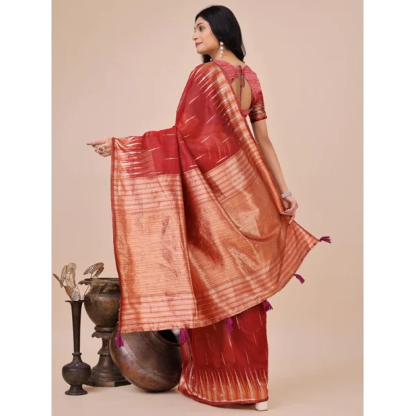 Women's Linen Cotton Wevon Jacquard Saree With Unstitched Women>Ethnic Wear>Blouse 5.5Mtr (Red) - Image 3