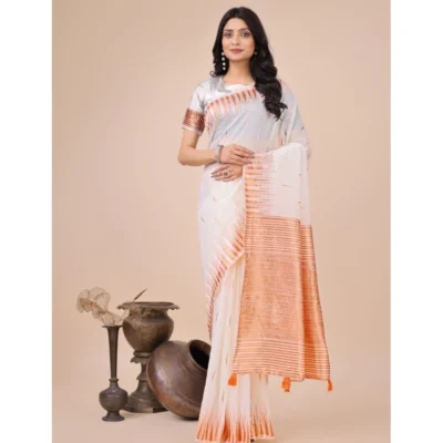 Women's Linen Cotton Wevon Jacquard Saree With Unstitched Blouse 5.5Mtr (White)